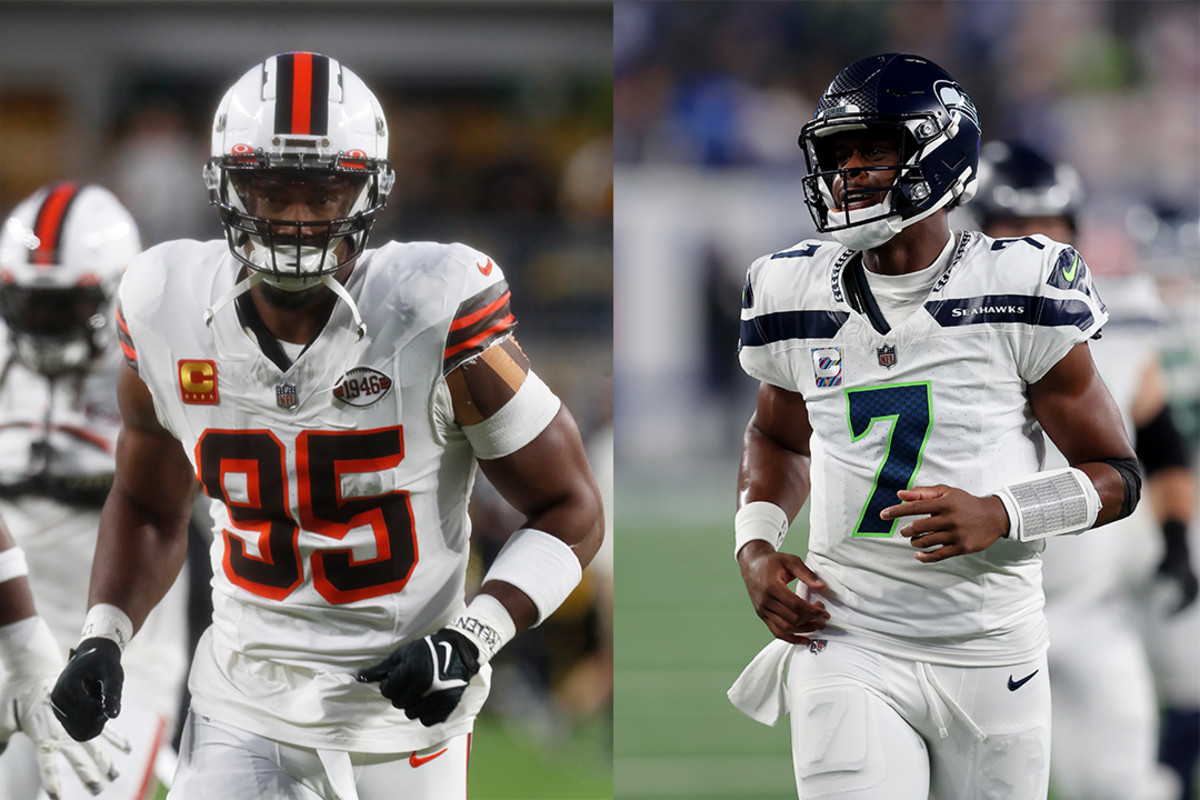Cleveland Browns edge rusher Myles Garrett (left) and Seattle Seahawks quarterback Geno Smith (right)